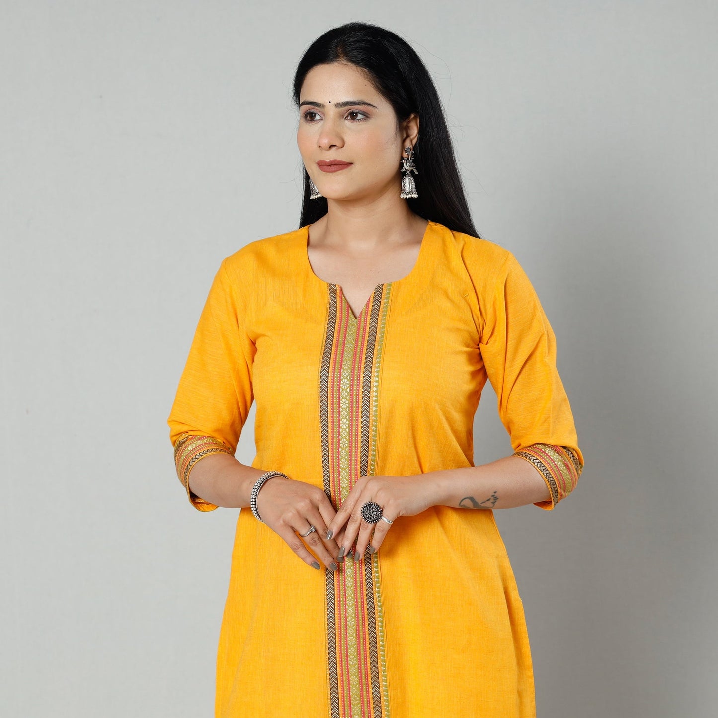 Yellow - mustard dharwad cotton long kurti - handcrafted