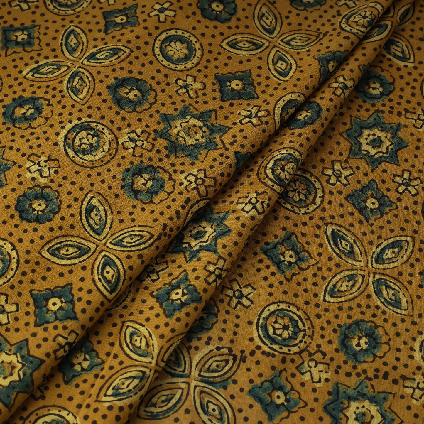 Yellow Natural Dyed 3 Kaam Block Print Cotton Ajrakh Fabric