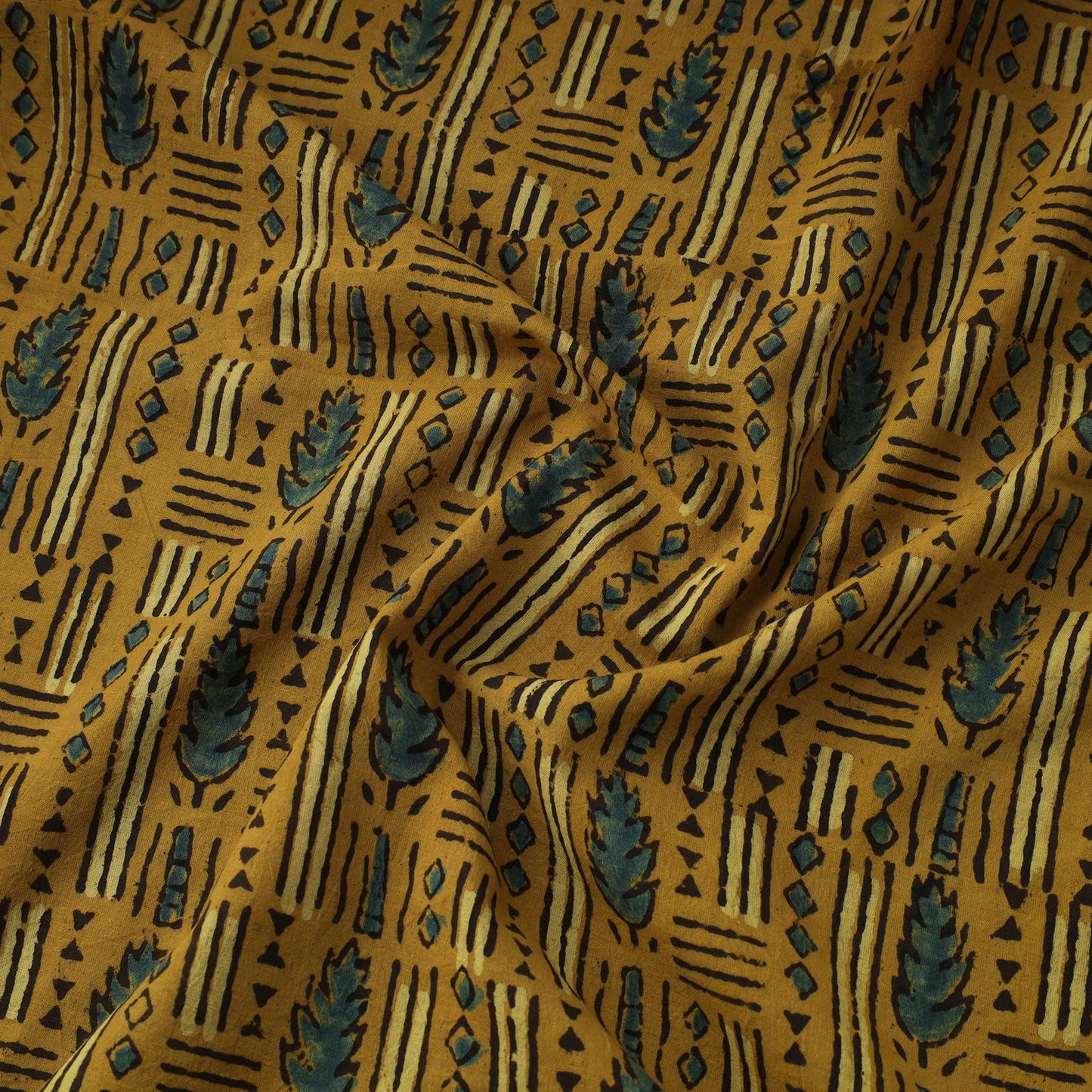 Yellow Natural Dyed 3 Kaam Block Print Cotton Ajrakh Fabric