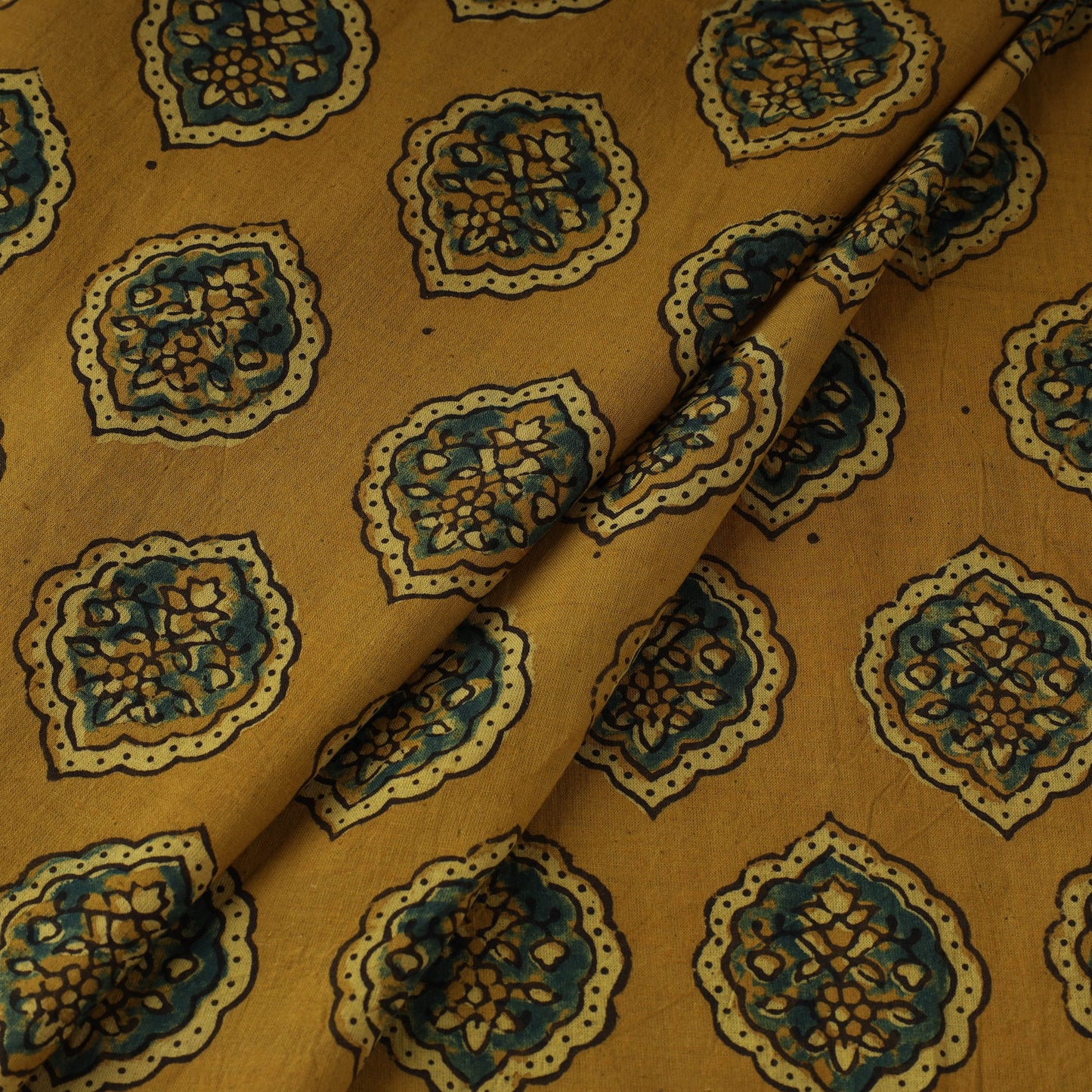 Yellow Natural Dyed 3 Kaam Block Print Cotton Ajrakh Fabric