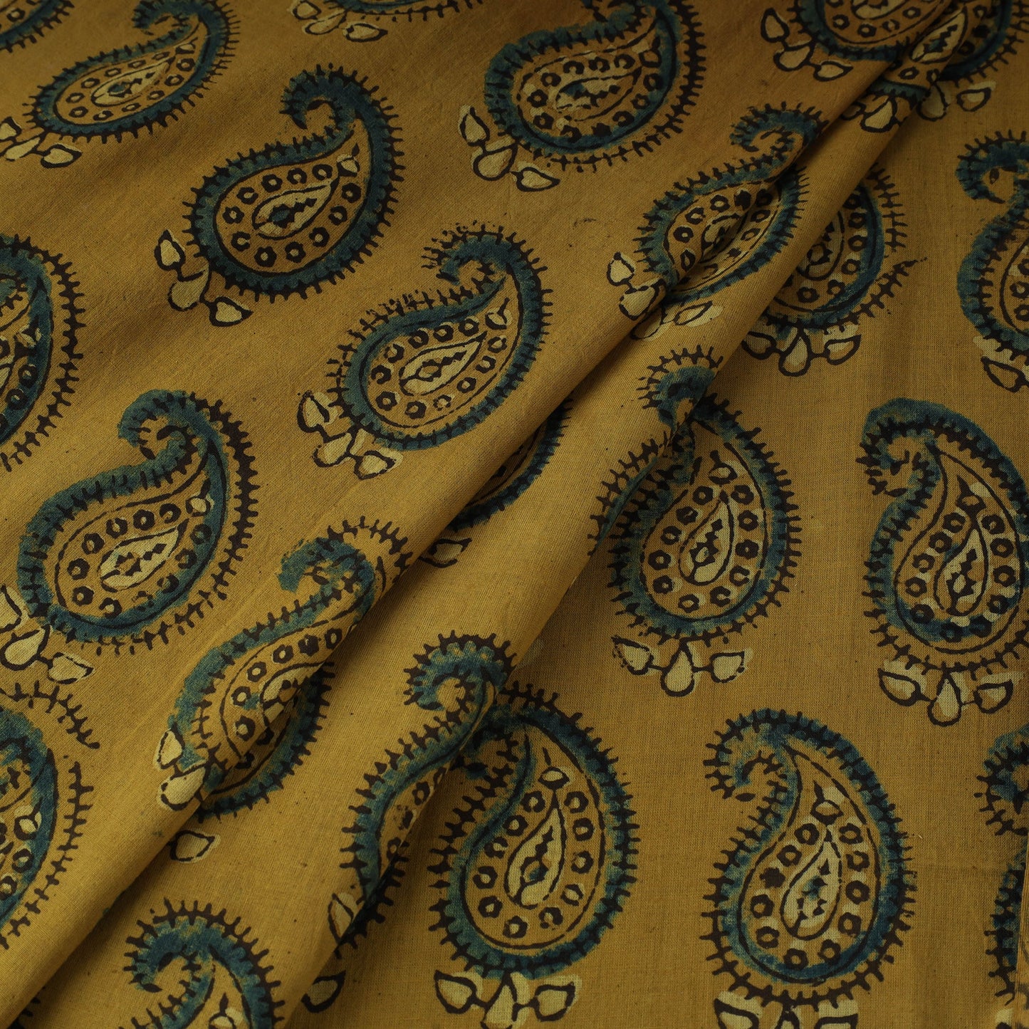 Yellow Natural Dyed 3 Kaam Block Print Cotton Ajrakh Fabric