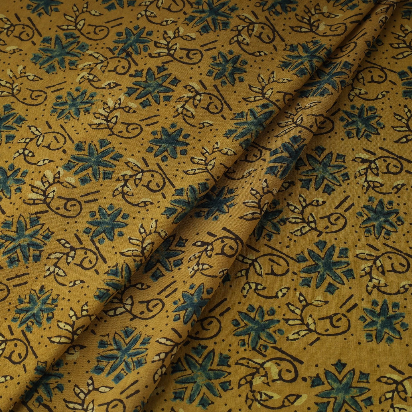Yellow Natural Dyed 3 Kaam Block Print Cotton Ajrakh Fabric