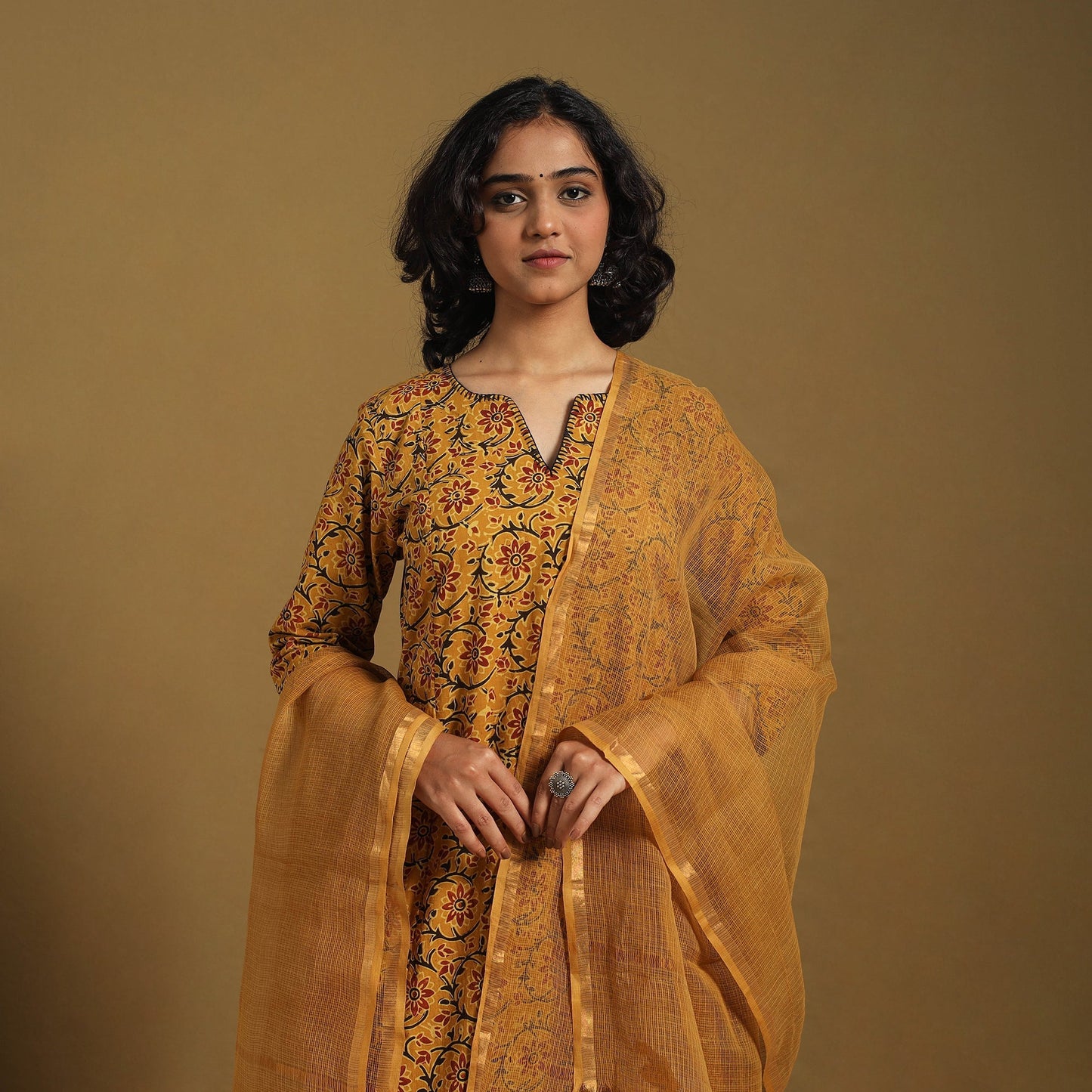 Yellow - natural dyed cotton kurta set (set of 3) 03