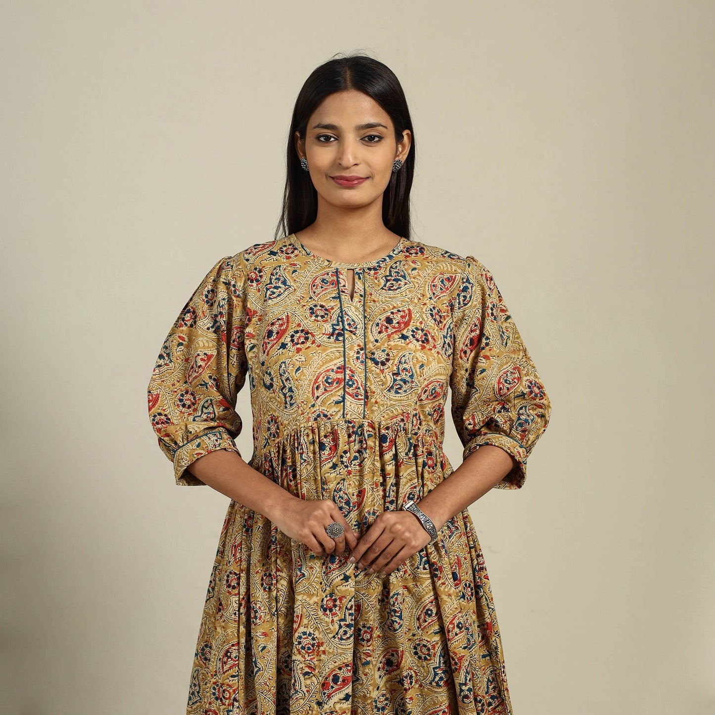 Yellow Block Print Natural Dyed Cotton Flared Kalamkari Dress