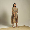 Yellow Block Print Natural Dyed Cotton Flared Kalamkari Dress