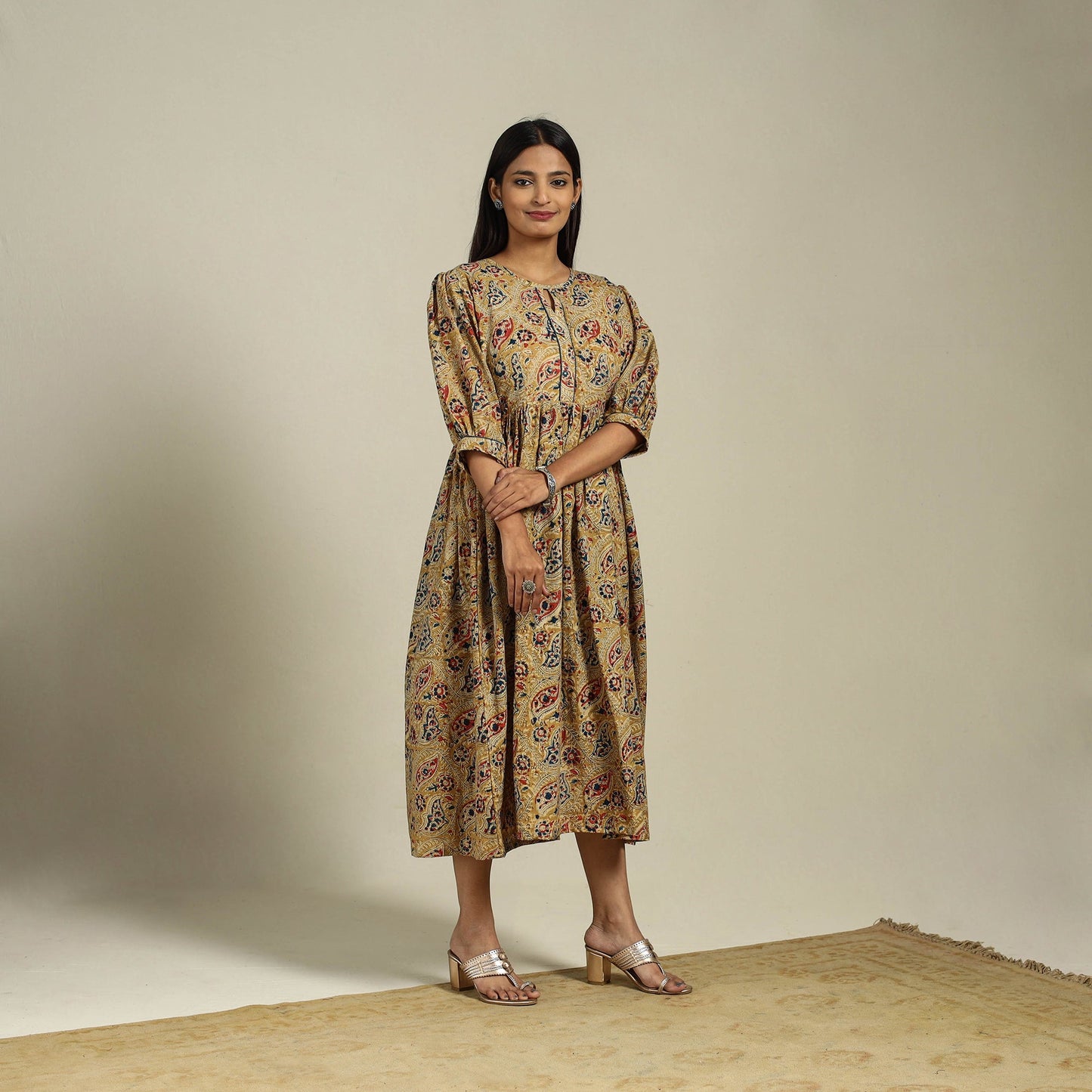 Yellow Block Print Natural Dyed Cotton Flared Kalamkari Dress