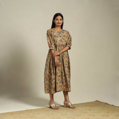 Yellow Block Print Natural Dyed Cotton Flared Kalamkari Dress