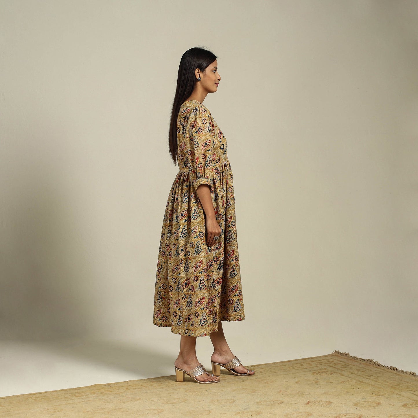 Yellow Block Print Natural Dyed Cotton Flared Kalamkari Dress