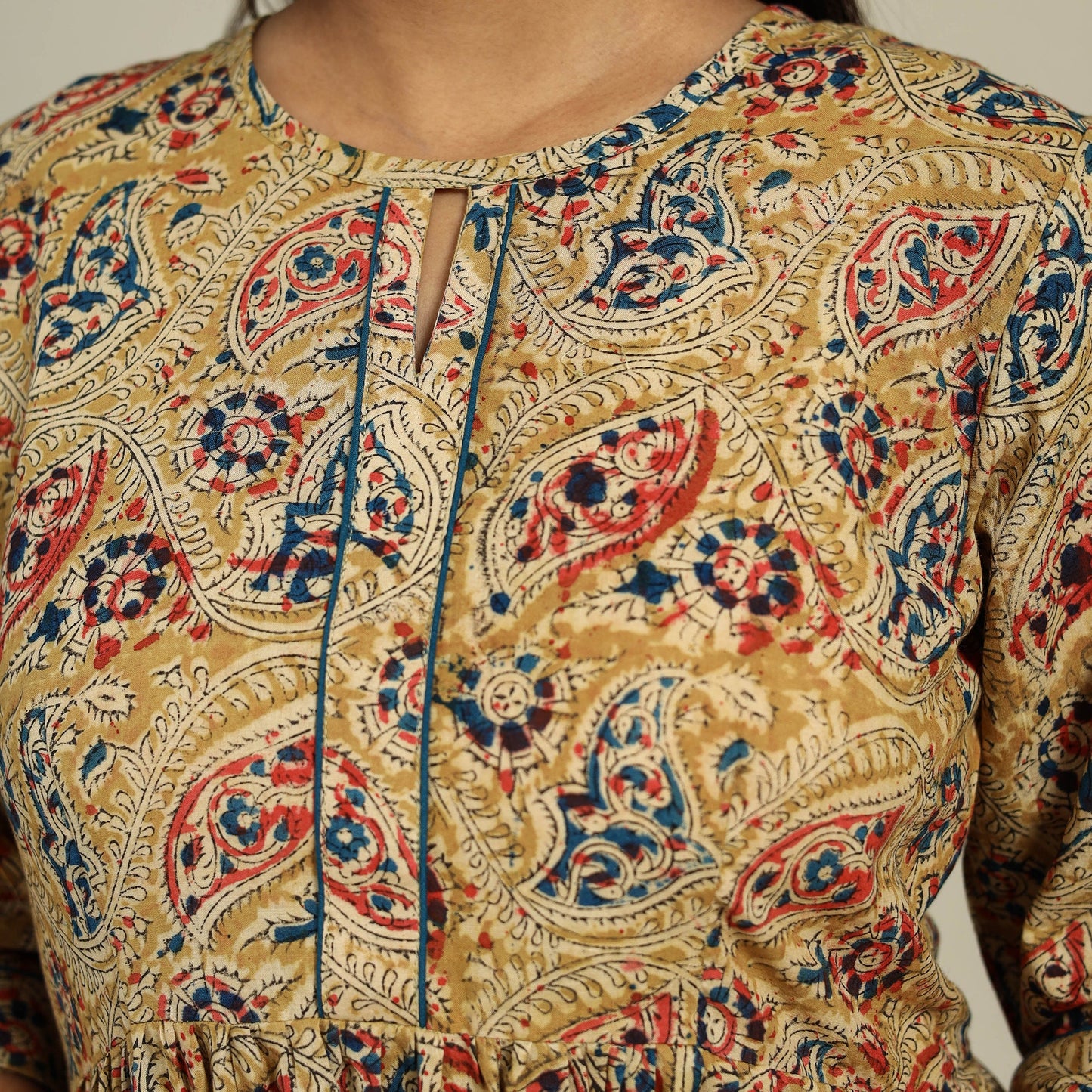 Yellow Block Print Natural Dyed Cotton Flared Kalamkari Dress