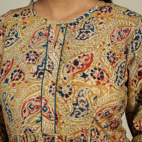 Yellow Block Print Natural Dyed Cotton Flared Kalamkari Dress