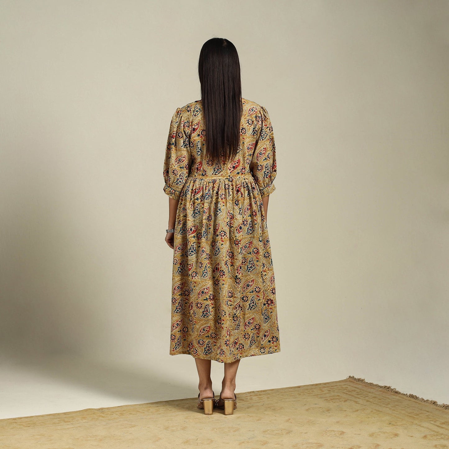 Yellow Block Print Natural Dyed Cotton Flared Kalamkari Dress