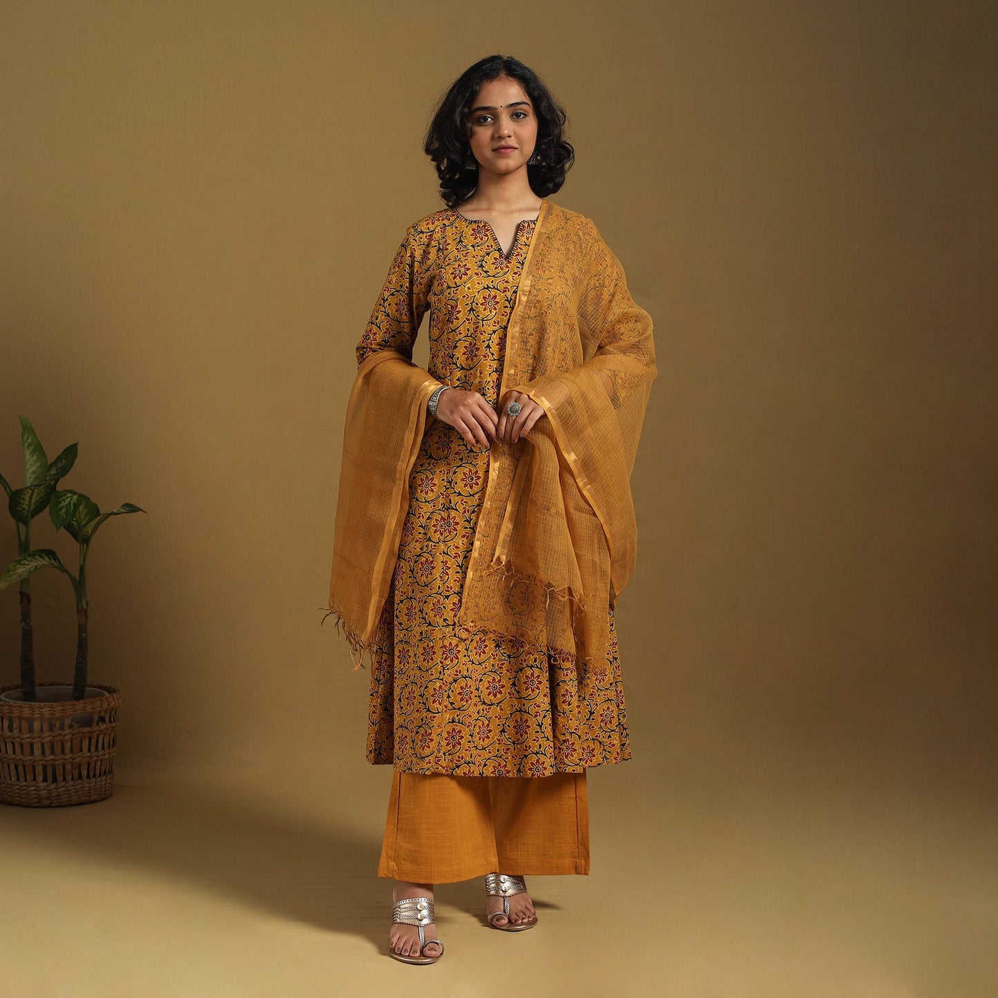 Yellow - natural dyed cotton kurta set (set of 3) 03