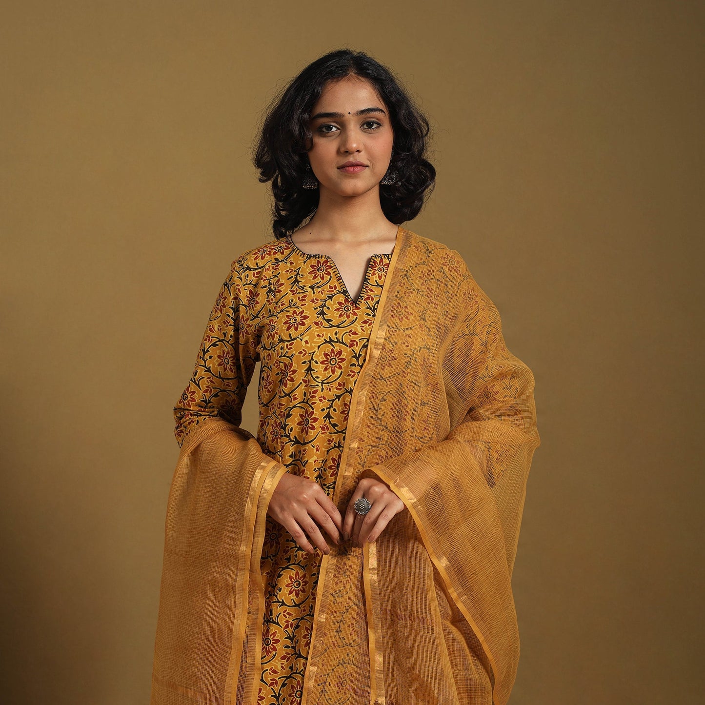 Yellow - natural dyed cotton kurta set (set of 3) 03