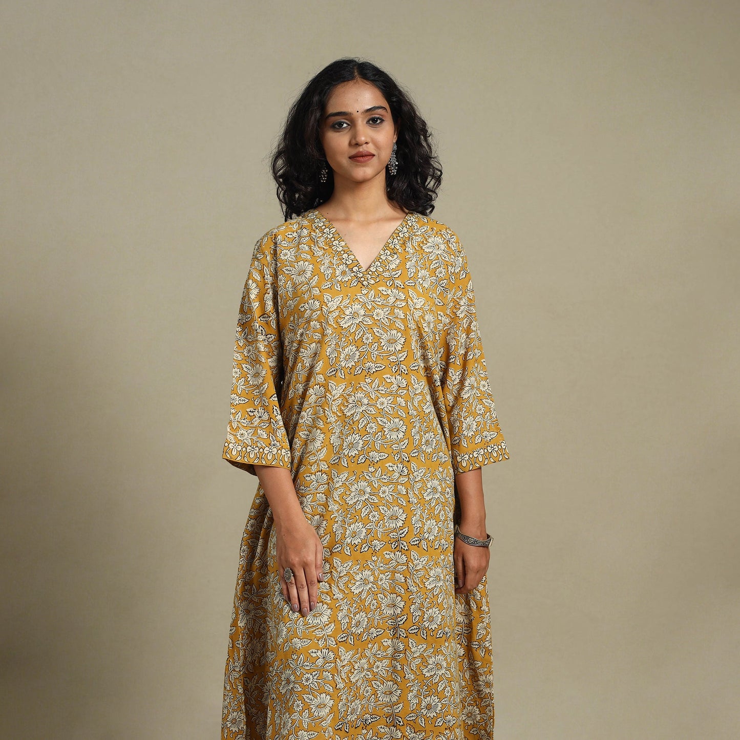 Yellow - natural dyed cotton a-line bagru kurta 15 - l