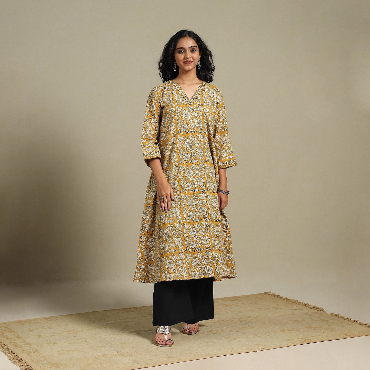 Yellow - natural dyed cotton a-line bagru kurta 15 - l