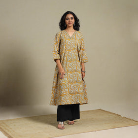 Yellow - natural dyed cotton a-line bagru kurta 15 - l