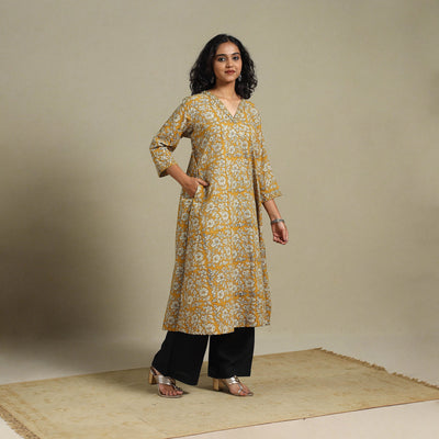 Yellow - natural dyed cotton a-line bagru kurta 15 - l