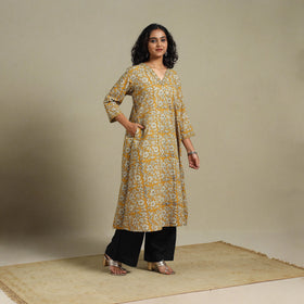 Yellow - natural dyed cotton a-line bagru kurta 15 - l