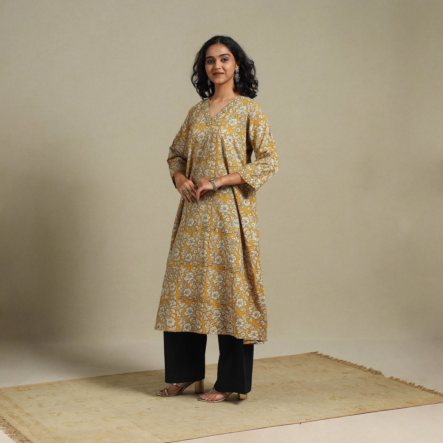 Yellow - natural dyed cotton a-line bagru kurta 15 - l