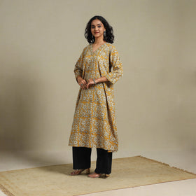Yellow - natural dyed cotton a-line bagru kurta 15 - l