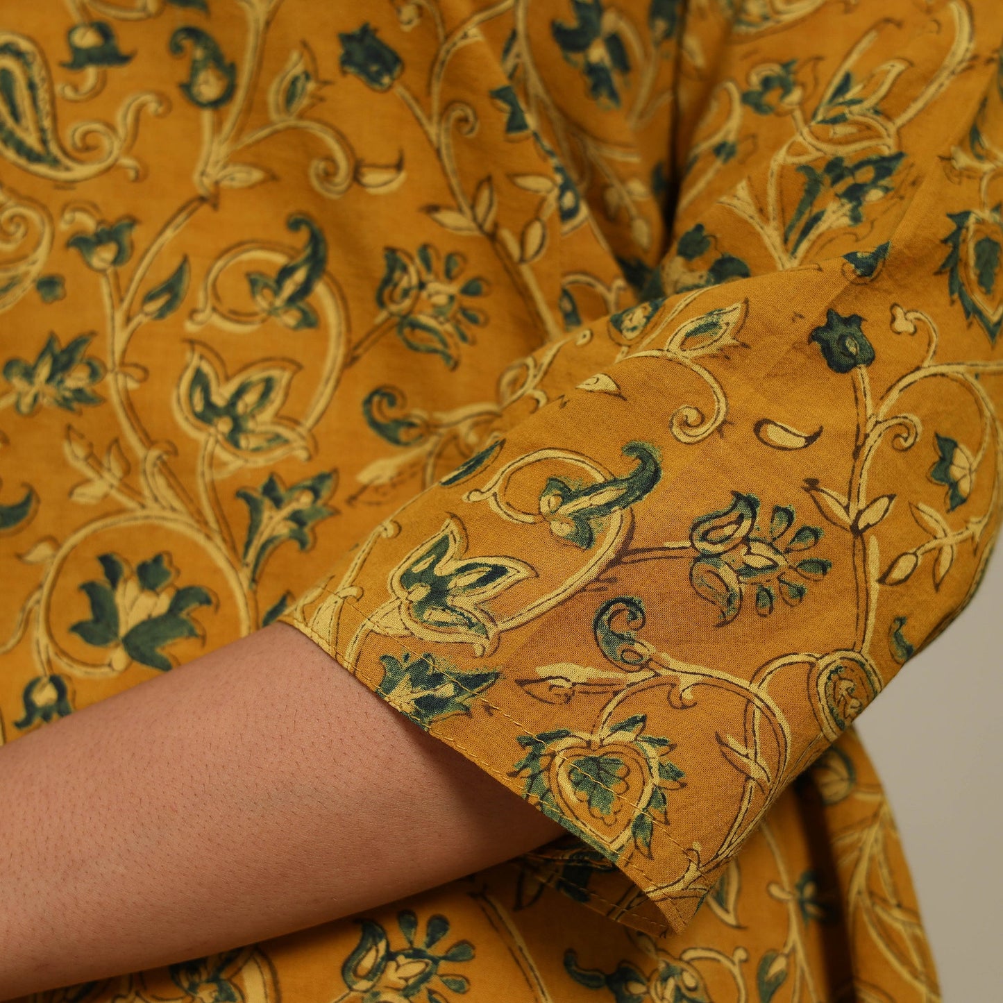 Yellow Block Print Natural Dyed Cotton A-Line Ajrakh Kurta