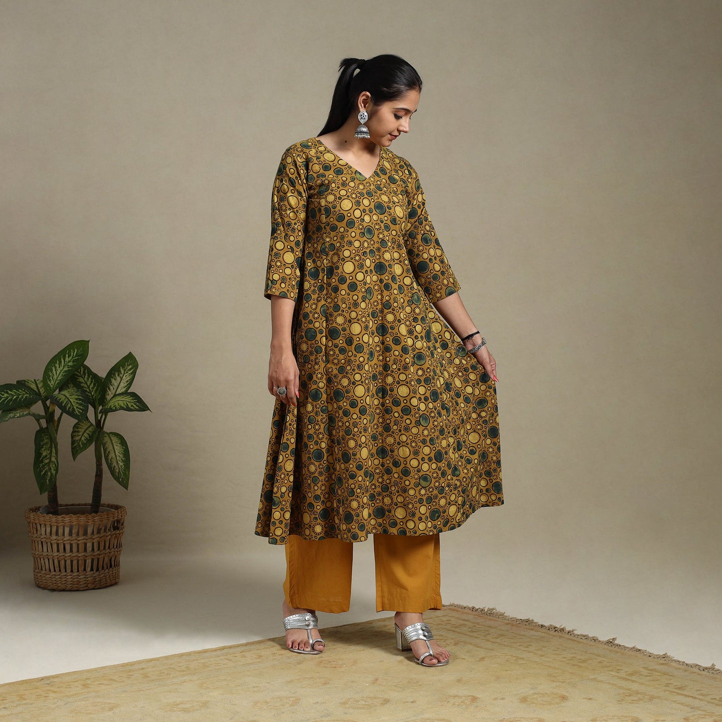 Yellow Block Print Natural Dyed Cotton A-Line Ajrakh Kurta