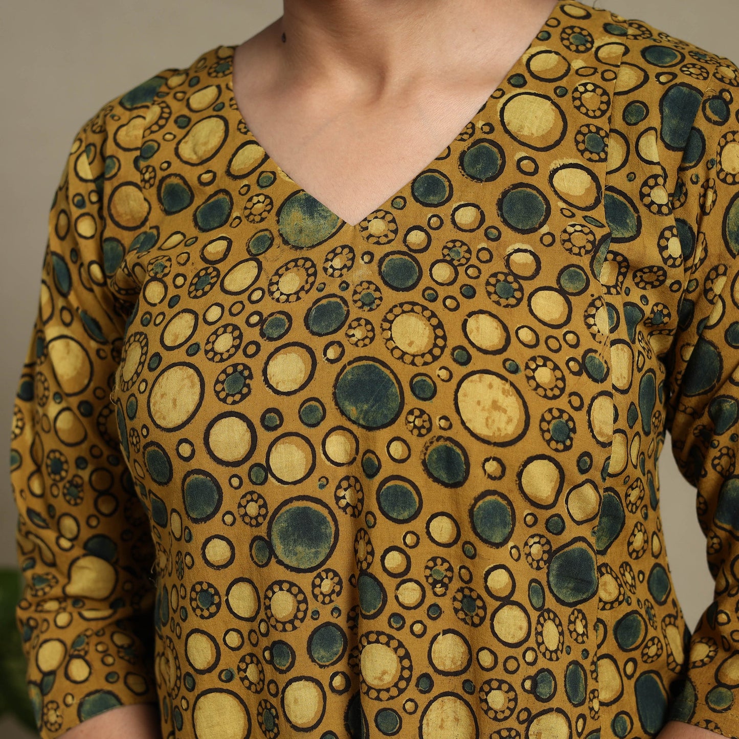 Yellow Block Print Natural Dyed Cotton A-Line Ajrakh Kurta