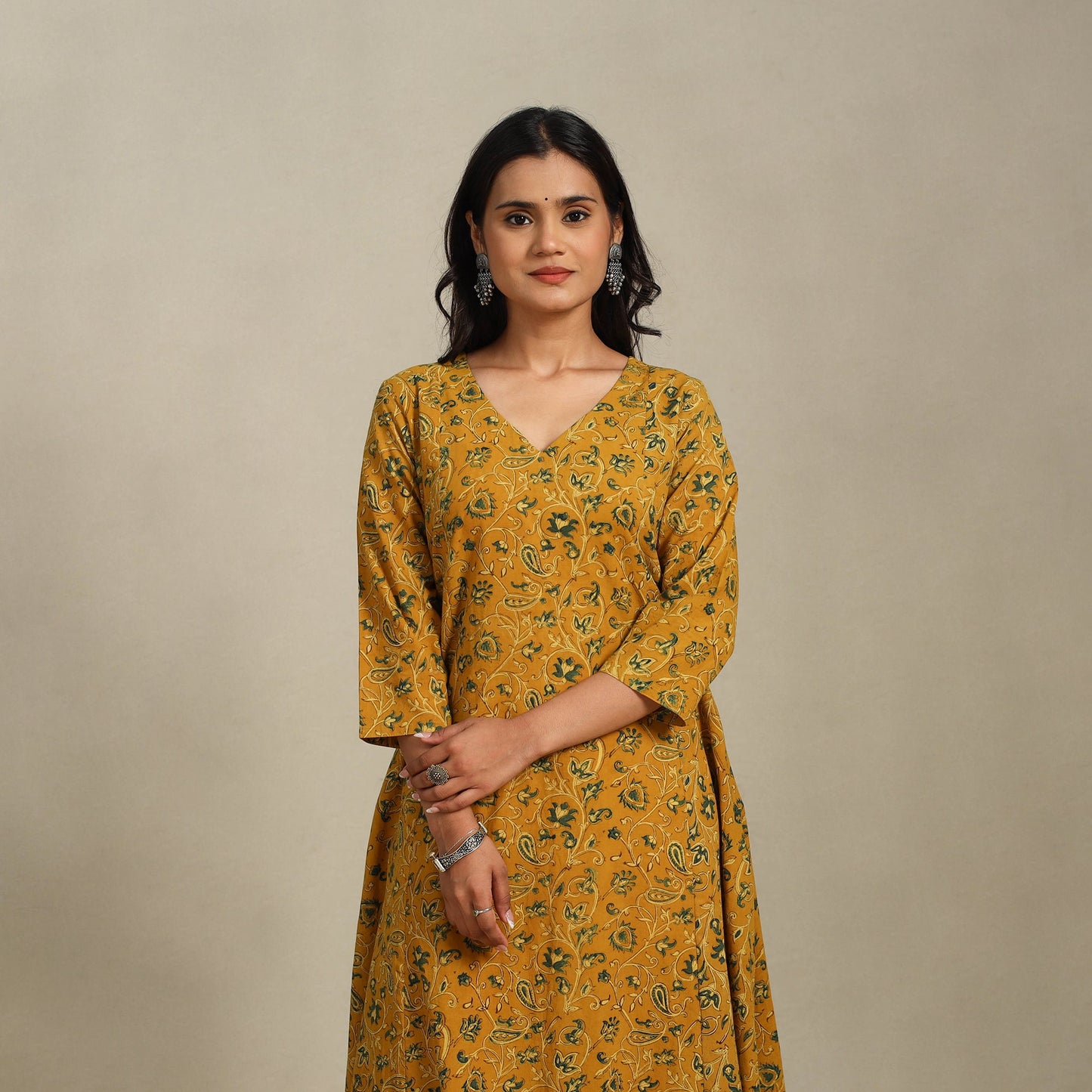 Yellow Block Print Natural Dyed Cotton A-Line Ajrakh Kurta