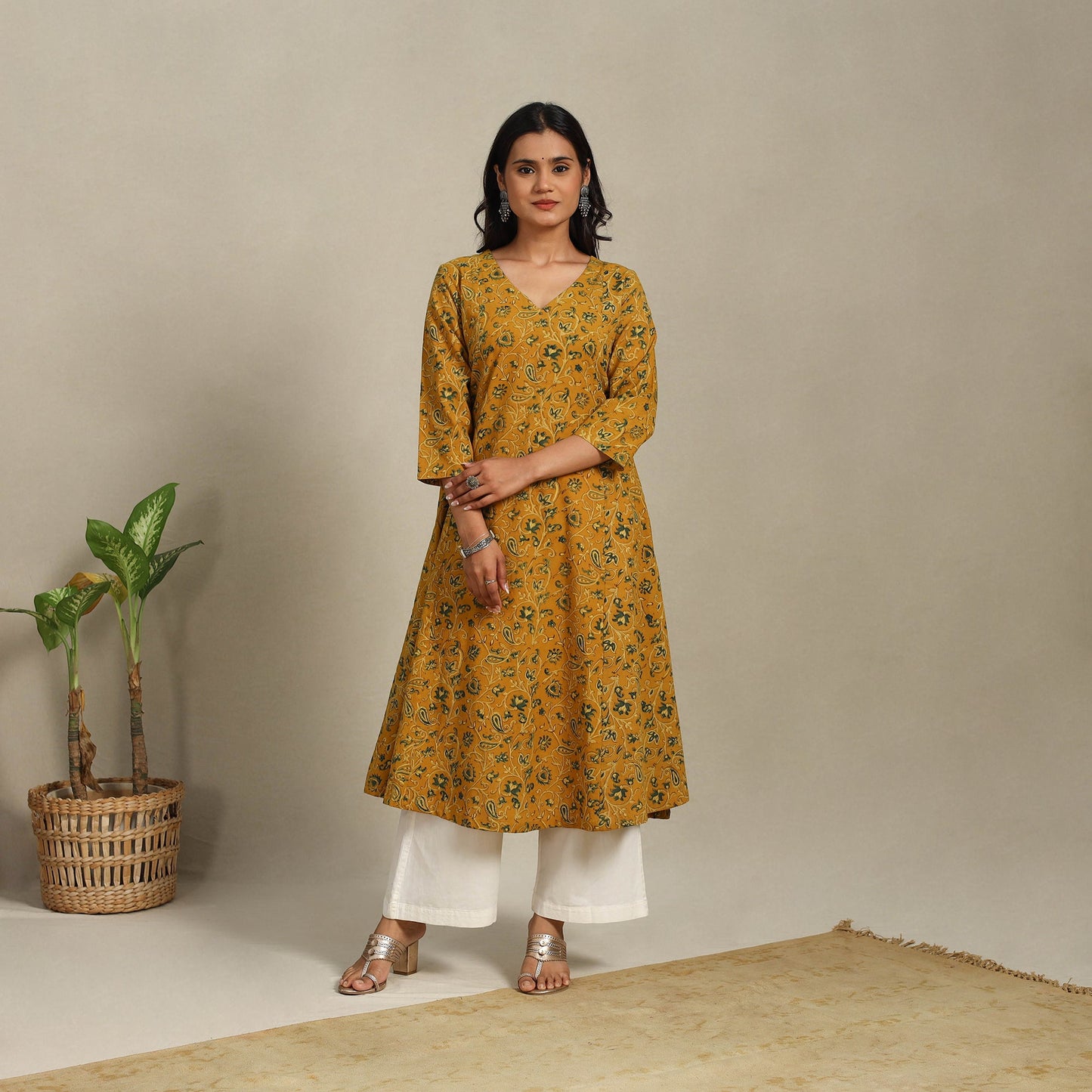 Yellow Block Print Natural Dyed Cotton A-Line Ajrakh Kurta