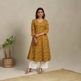 Yellow Block Print Natural Dyed Cotton A-Line Ajrakh Kurta
