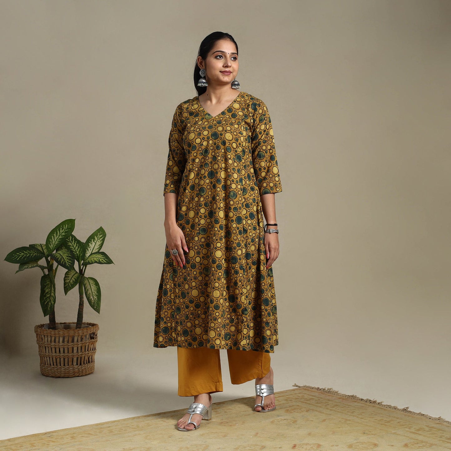 Yellow Block Print Natural Dyed Cotton A-Line Ajrakh Kurta