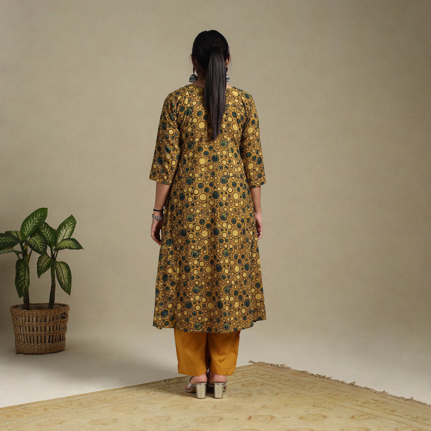 Yellow Block Print Natural Dyed Cotton A-Line Ajrakh Kurta