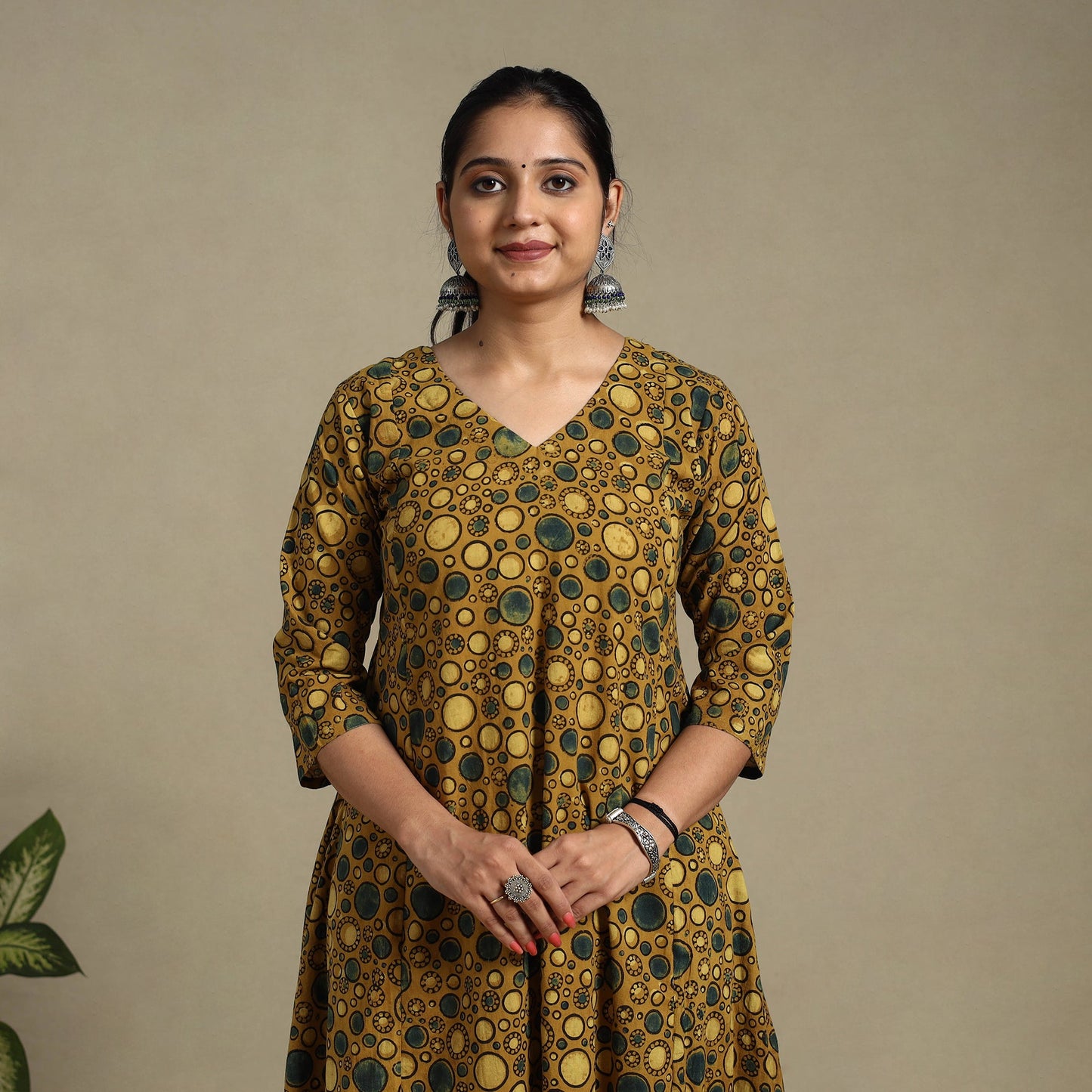 Yellow Block Print Natural Dyed Cotton A-Line Ajrakh Kurta