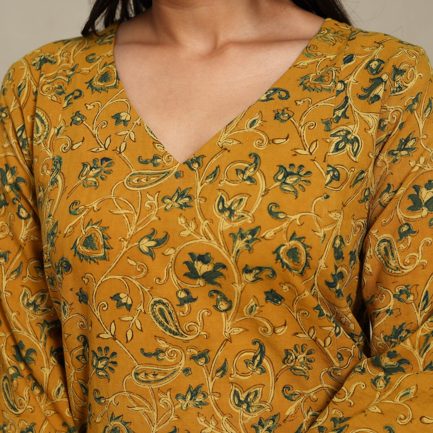 Yellow Block Print Natural Dyed Cotton A-Line Ajrakh Kurta