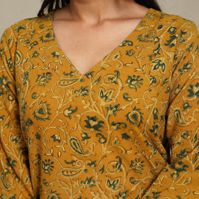 Yellow Block Print Natural Dyed Cotton A-Line Ajrakh Kurta