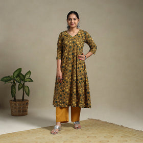 Yellow Block Print Natural Dyed Cotton A-Line Ajrakh Kurta