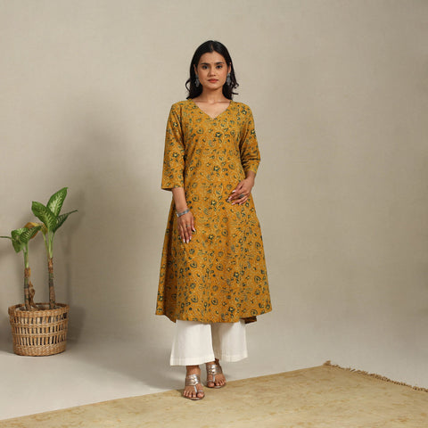 Yellow Block Print Natural Dyed Cotton A-Line Ajrakh Kurta