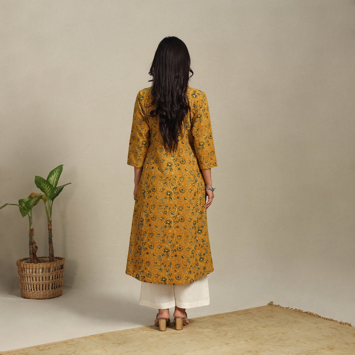 Yellow Block Print Natural Dyed Cotton A-Line Ajrakh Kurta