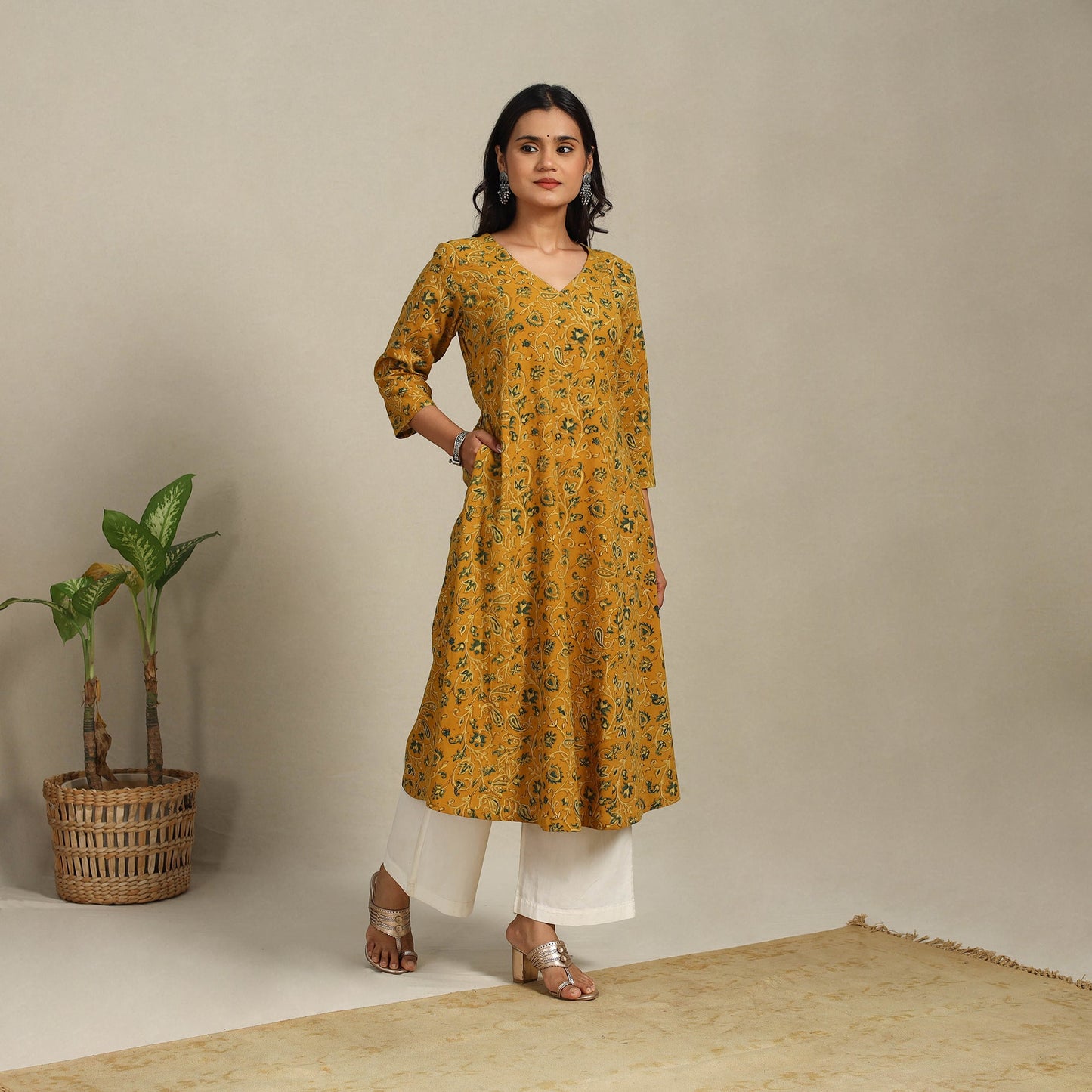 Yellow Block Print Natural Dyed Cotton A-Line Ajrakh Kurta
