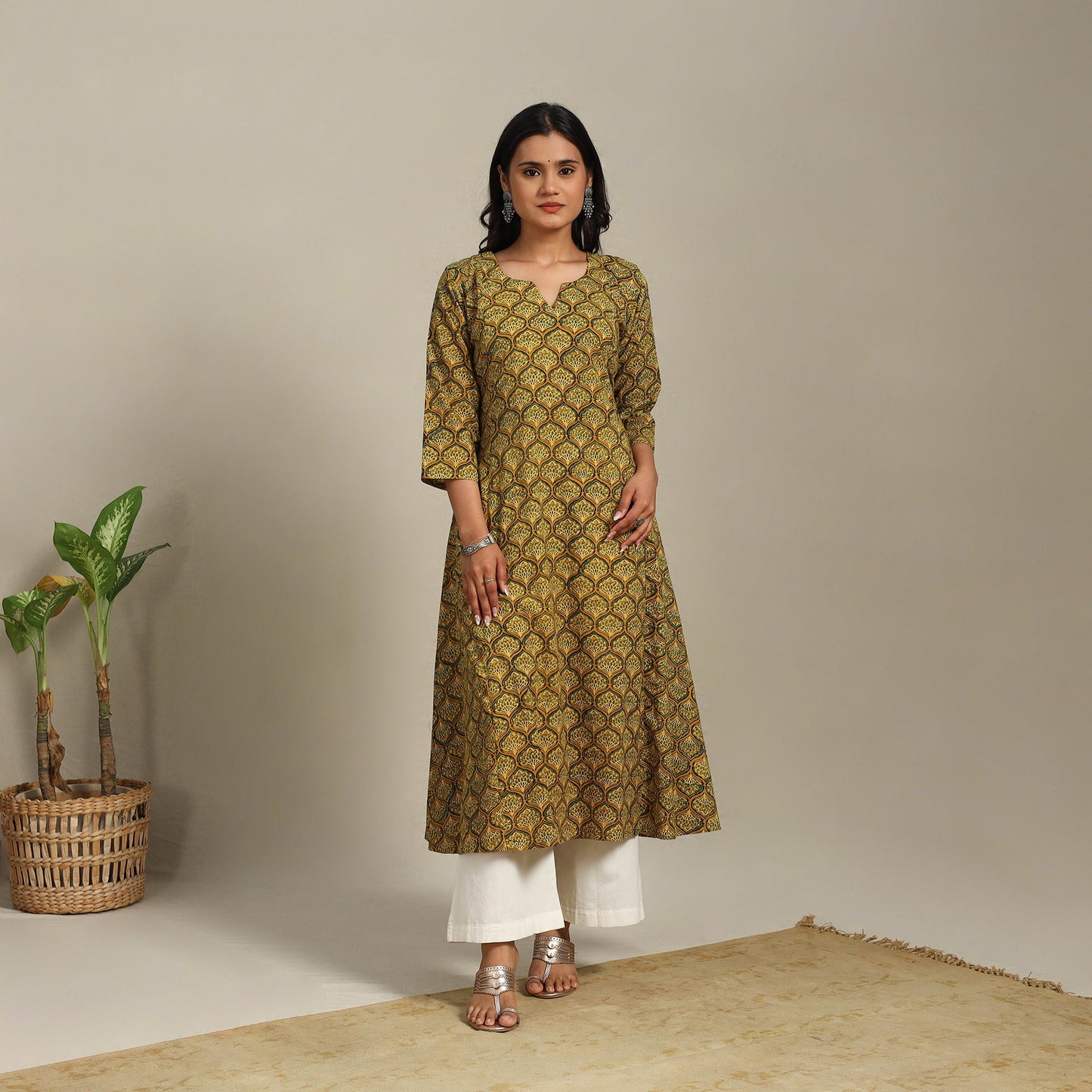 Yellow Block Print Natural Dyed Cotton A-Line Ajrakh Kurta
