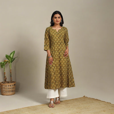 Yellow Block Print Natural Dyed Cotton A-Line Ajrakh Kurta