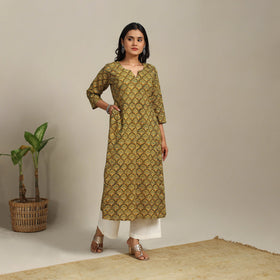 Yellow Block Print Natural Dyed Cotton A-Line Ajrakh Kurta