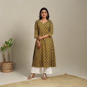 Yellow Block Print Natural Dyed Cotton A-Line Ajrakh Kurta