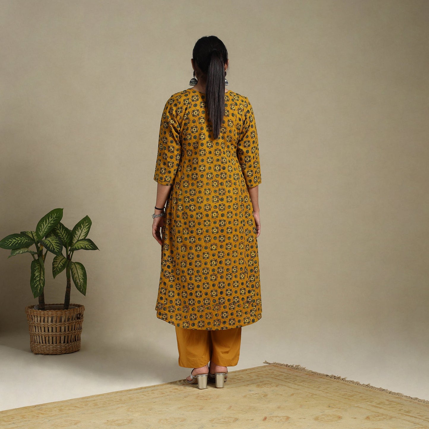 Yellow Block Print Natural Dyed Cotton A-Line Ajrakh Kurta