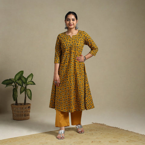Yellow Block Print Natural Dyed Cotton A-Line Ajrakh Kurta