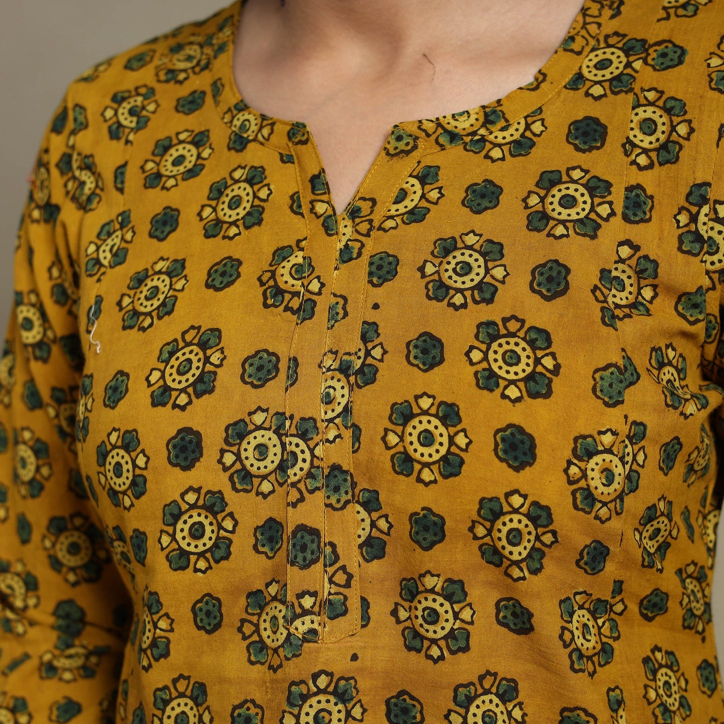Yellow Block Print Natural Dyed Cotton A-Line Ajrakh Kurta