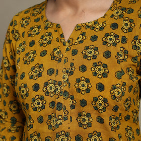 Yellow Block Print Natural Dyed Cotton A-Line Ajrakh Kurta