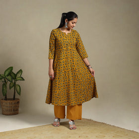 Yellow Block Print Natural Dyed Cotton A-Line Ajrakh Kurta