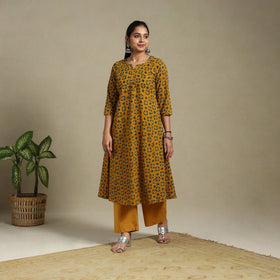 Yellow Block Print Natural Dyed Cotton A-Line Ajrakh Kurta