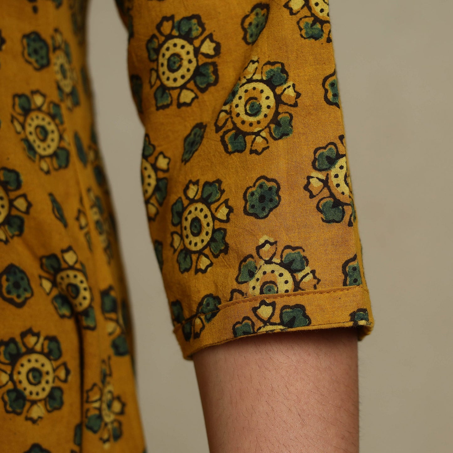 Yellow Block Print Natural Dyed Cotton A-Line Ajrakh Kurta